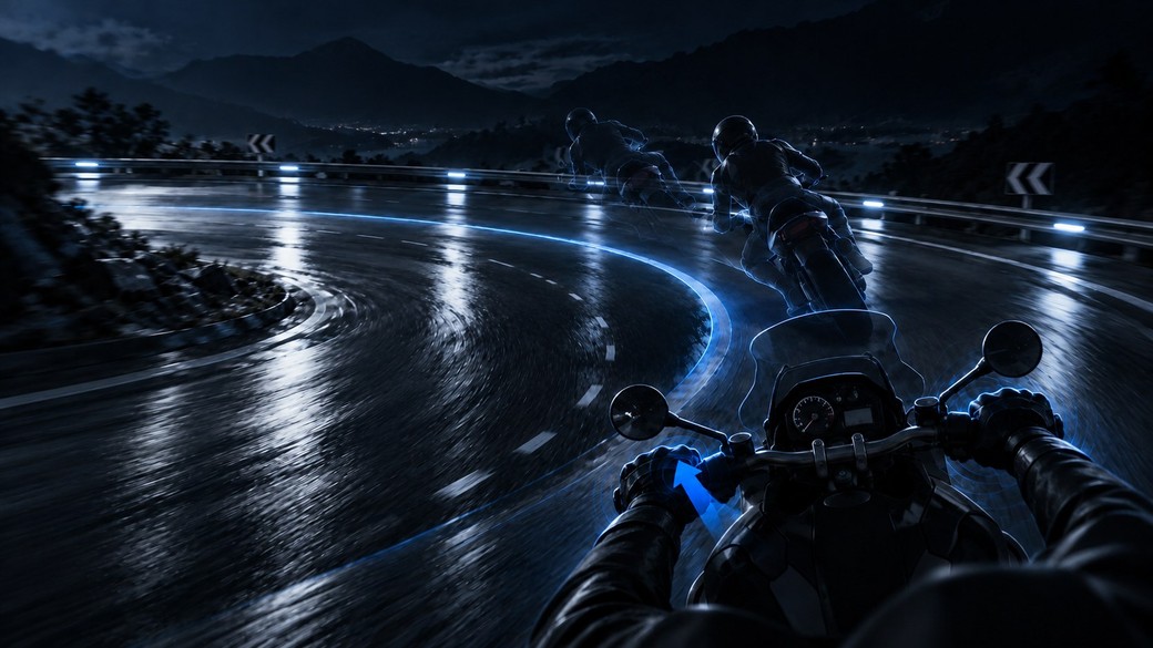 Rider's view into a corner: the inside of the handlebar is pushed forward to start the turn